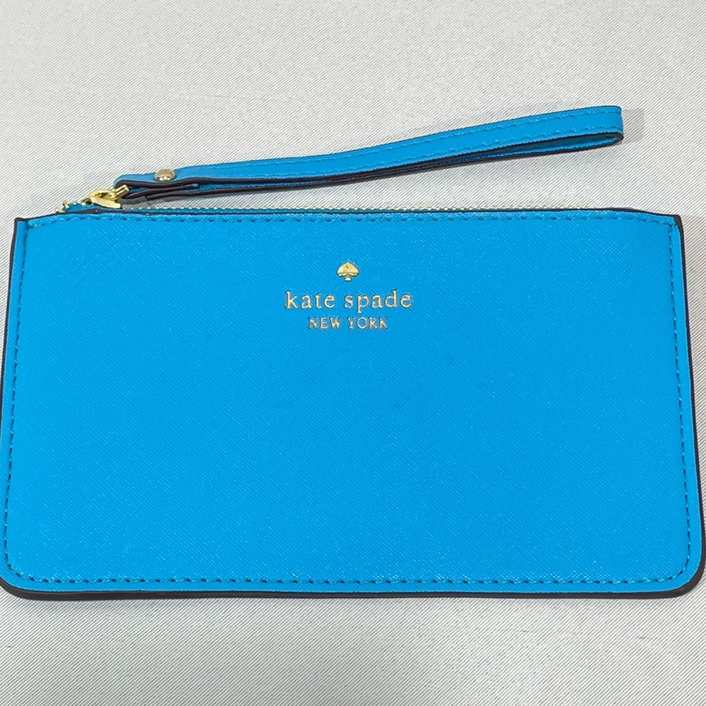 Kate Spade Leather Wristlet flat Bright Blue With Gold Color Logo 5x8 in